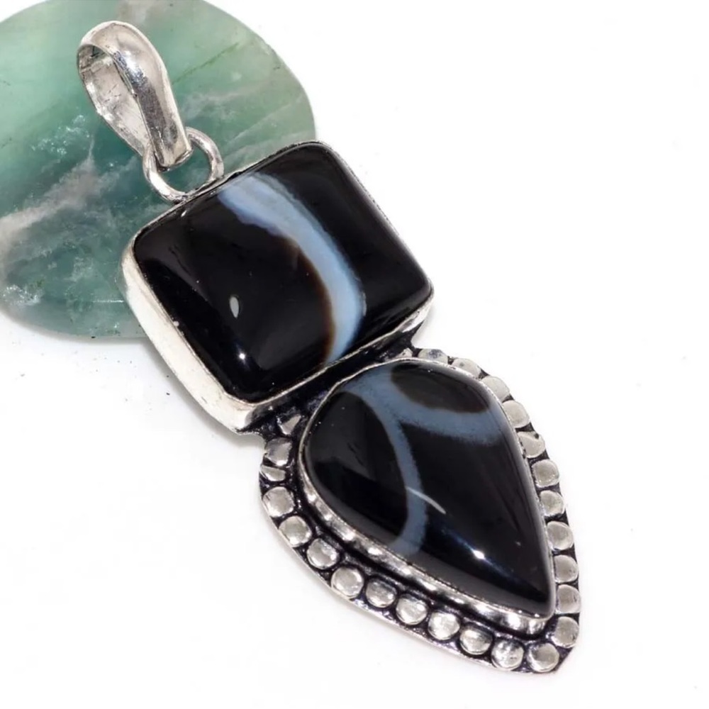 Banded Black Onyx 925 Silver Plated Long, Simulated Gemstone Pendant 2.5"
